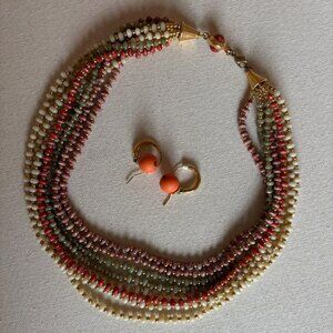 Monet Necklace 8 Strands Of Beads and Coral Earrings